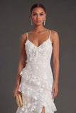 Apricot Floral A Line Spaghetti Straps Ruffled Long Wedding Guest Dress with Slit
