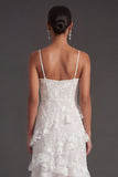 Apricot Floral A Line Spaghetti Straps Ruffled Long Wedding Guest Dress with Slit