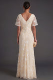 Pink Floral Sheath Appliqued V Neck Long Wedding Guest Dress with Slit