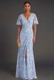 Pink Floral Sheath Appliqued V Neck Long Wedding Guest Dress with Slit