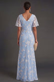 Pink Floral Sheath Appliqued V Neck Long Wedding Guest Dress with Slit
