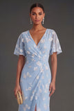 Pink Floral Sheath Appliqued V Neck Long Wedding Guest Dress with Slit