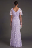 Pink Floral Sheath Appliqued V Neck Long Wedding Guest Dress with Slit