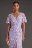 Pink Floral Sheath Appliqued V Neck Long Wedding Guest Dress with Slit