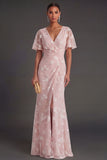 Pink Floral Sheath Appliqued V Neck Long Wedding Guest Dress with Slit
