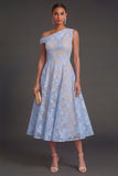 Blue Floral Lace One Shoulder A Line Midi Beach Wedding Guest Dress