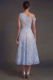 Blue Floral Lace One Shoulder A Line Midi Beach Wedding Guest Dress
