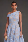 Blue Floral Lace One Shoulder A Line Midi Beach Wedding Guest Dress