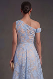 Blue Floral Lace One Shoulder A Line Midi Beach Wedding Guest Dress