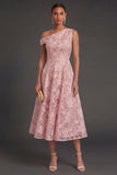 Blue Floral Lace One Shoulder A Line Midi Beach Wedding Guest Dress