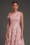 Blue Floral Lace One Shoulder A Line Midi Beach Wedding Guest Dress
