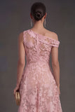 Blue Floral Lace One Shoulder A Line Midi Beach Wedding Guest Dress