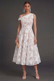 Blue Floral Lace One Shoulder A Line Midi Beach Wedding Guest Dress