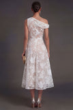 Blue Floral Lace One Shoulder A Line Midi Beach Wedding Guest Dress