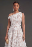 Blue Floral Lace One Shoulder A Line Midi Beach Wedding Guest Dress