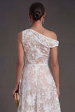 Blue Floral Lace One Shoulder A Line Midi Beach Wedding Guest Dress