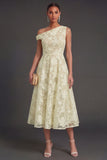 Blue Floral Lace One Shoulder A Line Midi Beach Wedding Guest Dress