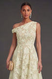 Blue Floral Lace One Shoulder A Line Midi Beach Wedding Guest Dress