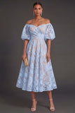 Yellow A Line Puff Sleeves Floral Long Beach Wedding Guest Dress