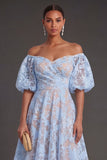 Yellow A Line Puff Sleeves Floral Long Beach Wedding Guest Dress