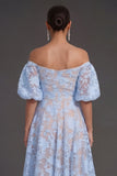Yellow A Line Puff Sleeves Floral Long Beach Wedding Guest Dress