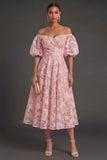 Yellow A Line Puff Sleeves Floral Long Beach Wedding Guest Dress