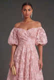 Yellow A Line Puff Sleeves Floral Long Beach Wedding Guest Dress