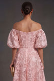 Yellow A Line Puff Sleeves Floral Long Beach Wedding Guest Dress