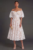 Yellow A Line Puff Sleeves Floral Long Beach Wedding Guest Dress