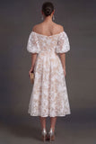 Yellow A Line Puff Sleeves Floral Long Beach Wedding Guest Dress