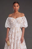 Yellow A Line Puff Sleeves Floral Long Beach Wedding Guest Dress