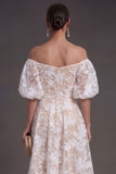 Yellow A Line Puff Sleeves Floral Long Beach Wedding Guest Dress