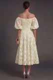 Yellow A Line Puff Sleeves Floral Long Beach Wedding Guest Dress