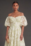 Yellow A Line Puff Sleeves Floral Long Beach Wedding Guest Dress