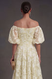 Yellow A Line Puff Sleeves Floral Long Beach Wedding Guest Dress