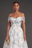 White Blue Floral A Line Off the Shoulder Midi Beach Wedding Guest Dress