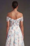 White Blue Floral A Line Off the Shoulder Midi Beach Wedding Guest Dress