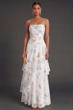 Ruffled White Blue Floral Spaghetti Straps A Line Long Beach Wedding Guest Dress