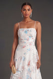 Ruffled White Blue Floral Spaghetti Straps A Line Long Beach Wedding Guest Dress