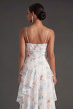 Ruffled White Blue Floral Spaghetti Straps A Line Long Beach Wedding Guest Dress