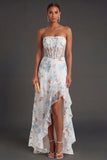 Strapless Ruffled White Blue Floral Corset Long Beach Wedding Guest Dress with Slit
