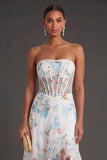 Strapless Ruffled White Blue Floral Corset Long Beach Wedding Guest Dress with Slit