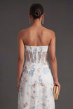 Strapless Ruffled White Blue Floral Corset Long Beach Wedding Guest Dress with Slit