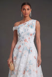 A Line White Blue Floral One Shoulder Midi Beach Wedding Guest Dress