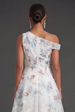 A Line White Blue Floral One Shoulder Midi Beach Wedding Guest Dress