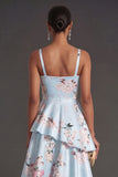 Blue Floral A Line Tiered Ruffled Thick Straps Long Wedding Guest Dress