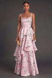 Blue Floral A Line Tiered Ruffled Thick Straps Long Wedding Guest Dress