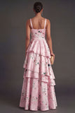 Blue Floral A Line Tiered Ruffled Thick Straps Long Wedding Guest Dress