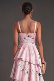 Blue Floral A Line Tiered Ruffled Thick Straps Long Wedding Guest Dress