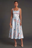 Leely Women Satin Blue Floral A Line Midi Wedding Guest Dress Thick Straps Sleeveless Garden Party Dress